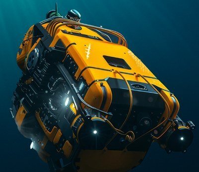 ROV amarelo de trabalho em operação subaquática